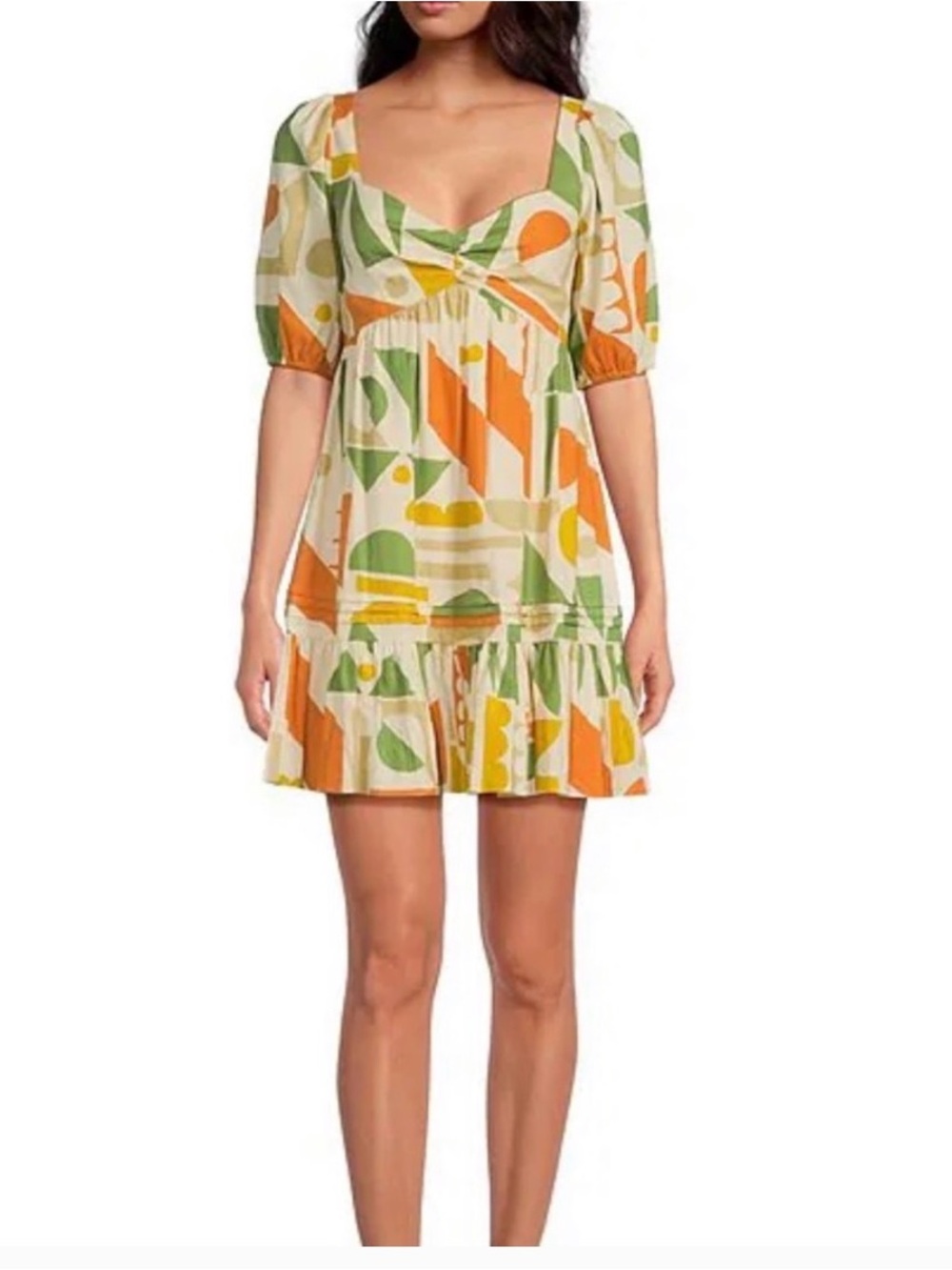 Giana Bini Geometric Print Puff-Sleeve Mini Dress in Cream, Orange & Green